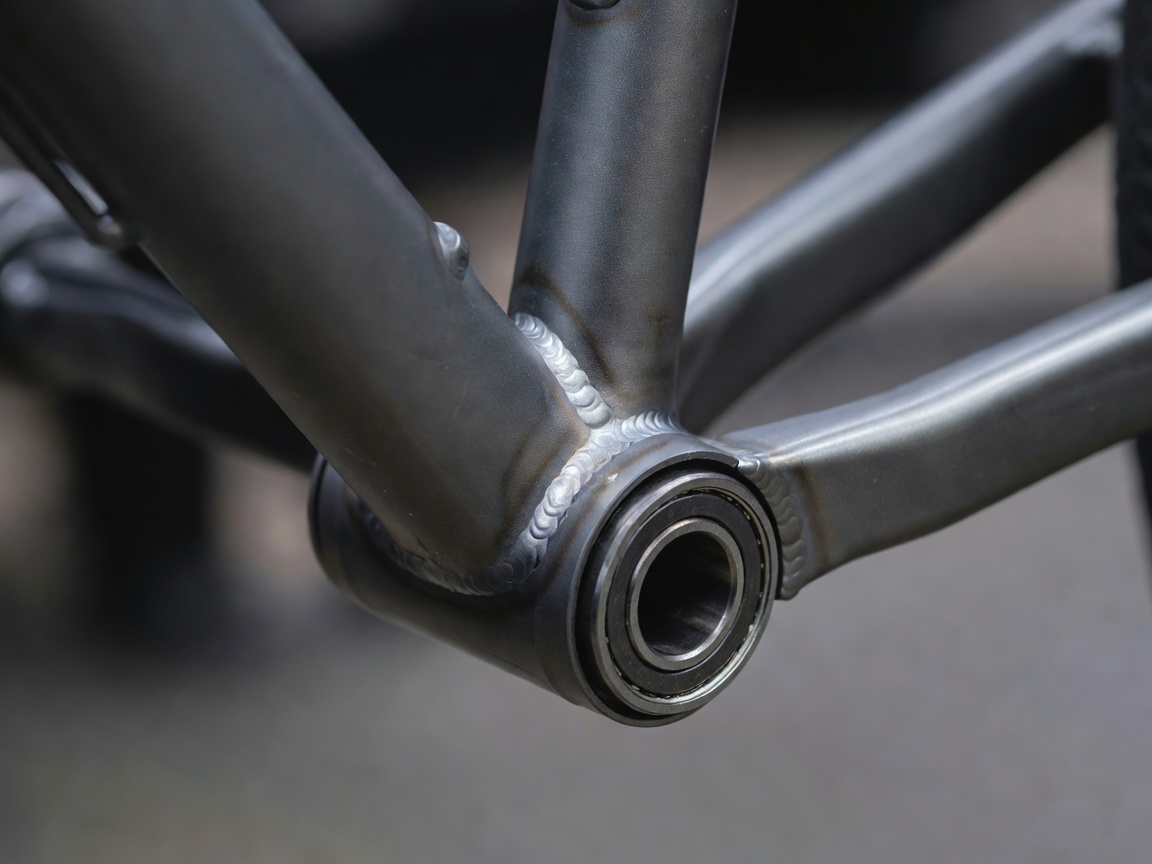 Close-up of a bicycle bottom bracket shell and surrounding frame clearance