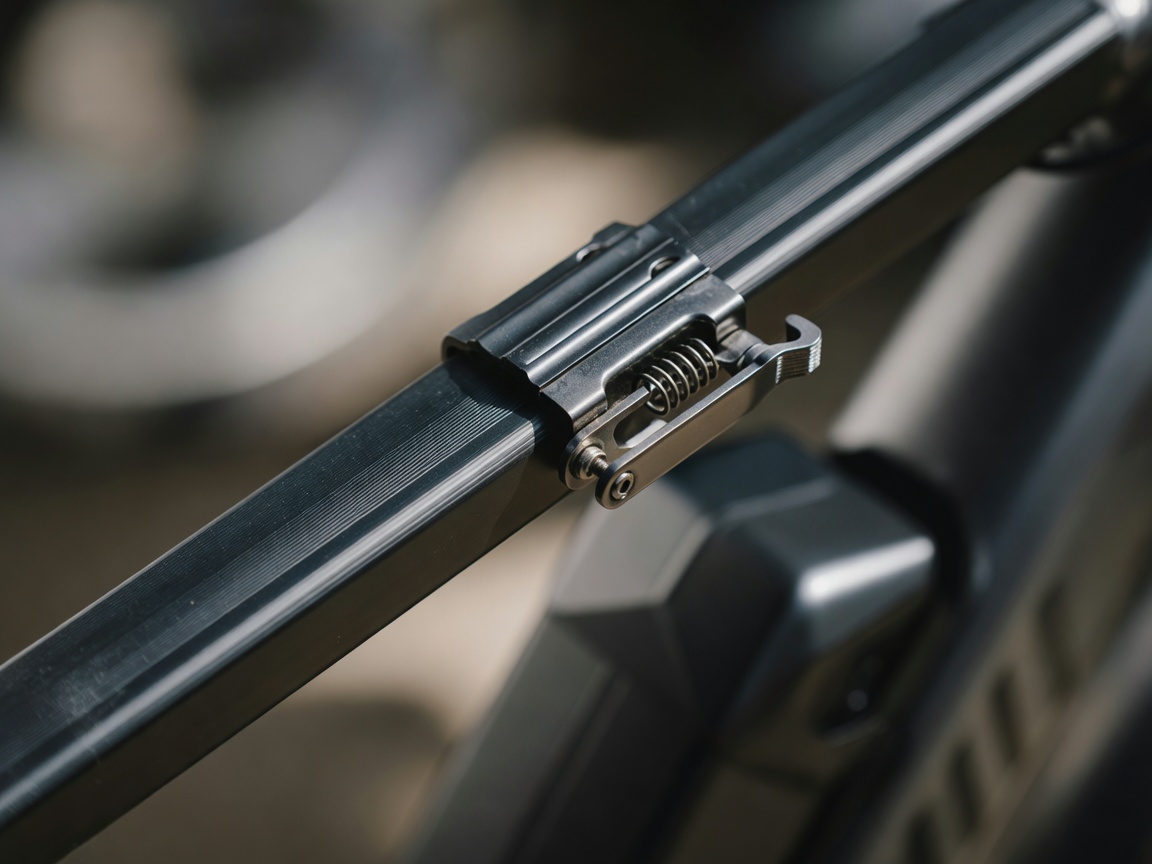Shallow-focus close-up of an e-bike battery mounting rail and retention latch