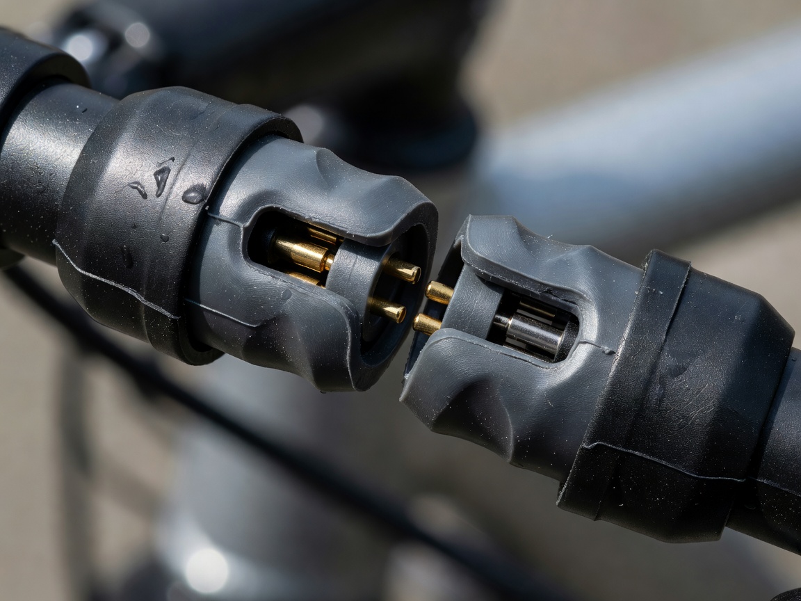 Close-up of insulated bicycle electrical connectors with protective housings